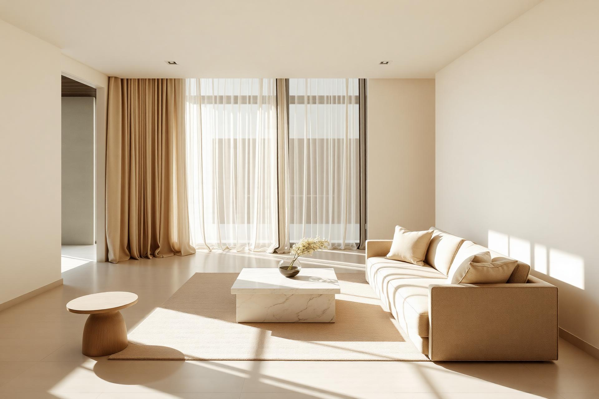 Serene Dubai interior with linen sofa, travertine table and sheer curtains